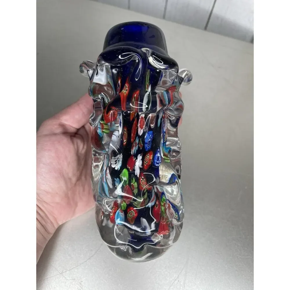Venetian Murano Glass Millefiori Vase Vessel Vintage Unique Colorful 6.5in